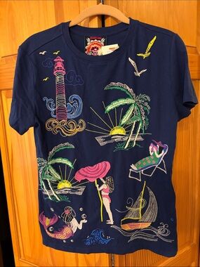 Johnny Was Womens Travel T-Shirt Beach Lighthouse Mermaid NWT Small